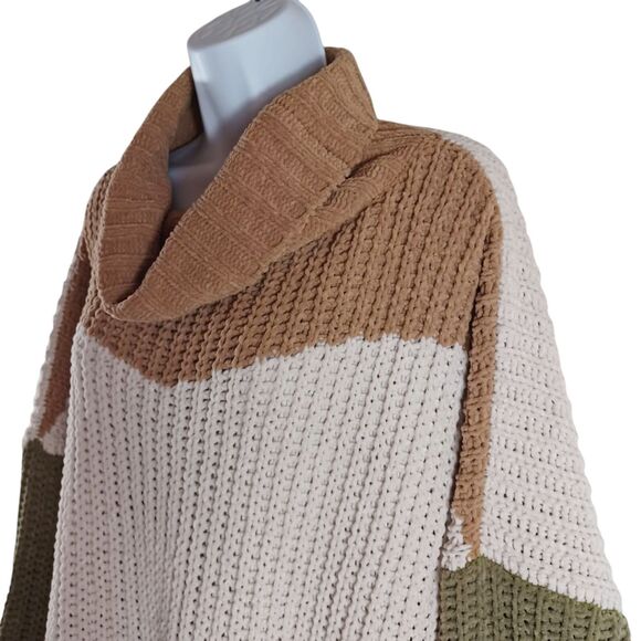 POL Chunky Knit Sz L Colorblock Sage Green Chenille Oversized Cowl Neck Sweater - Picture 10 of 11